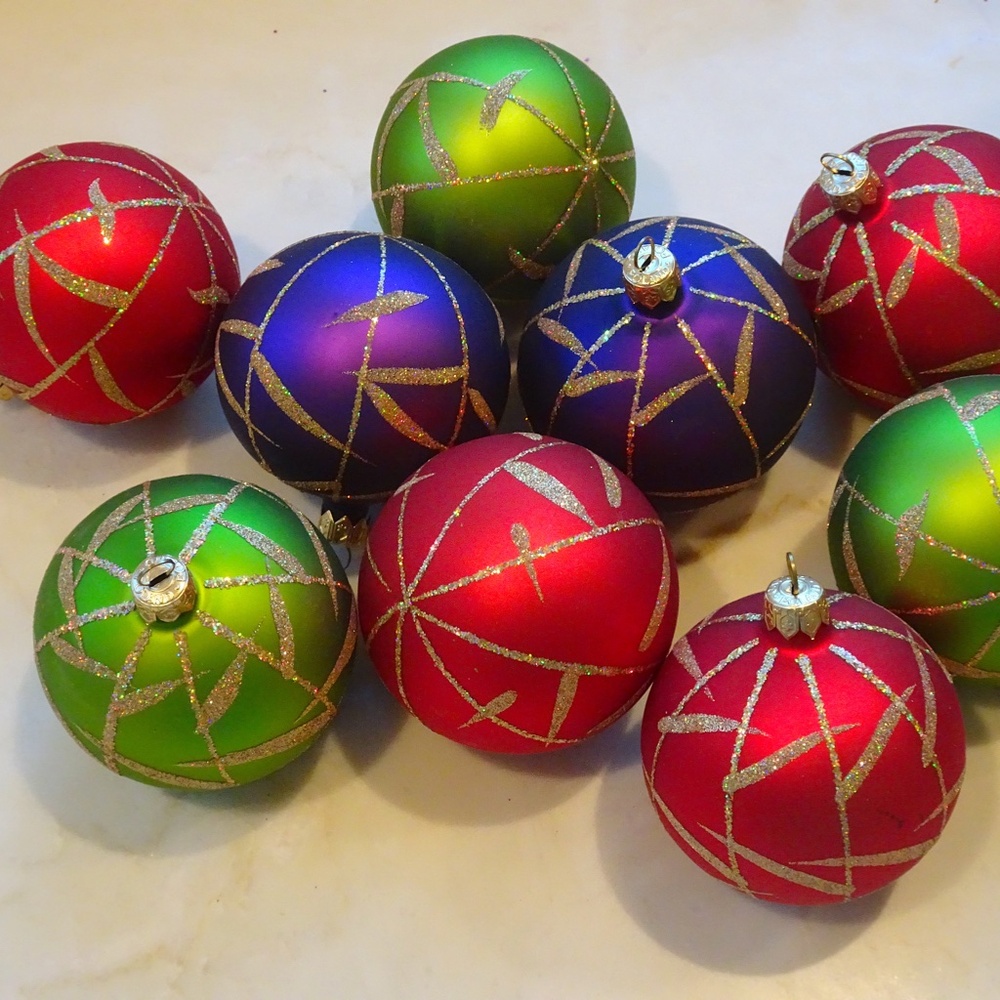Set of 9 Made in Poland Purple Green & Red Glittery Glass Ball Xmas Ornaments